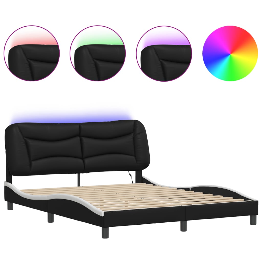 Bed Frame with LED without Mattress "Hvar" Black and White 152x203 cm