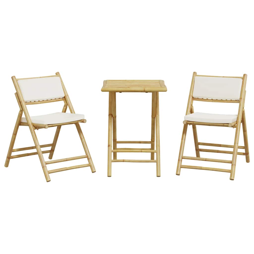 3 Piece Folding Bistro Set with Cream White Cushions Bamboo
