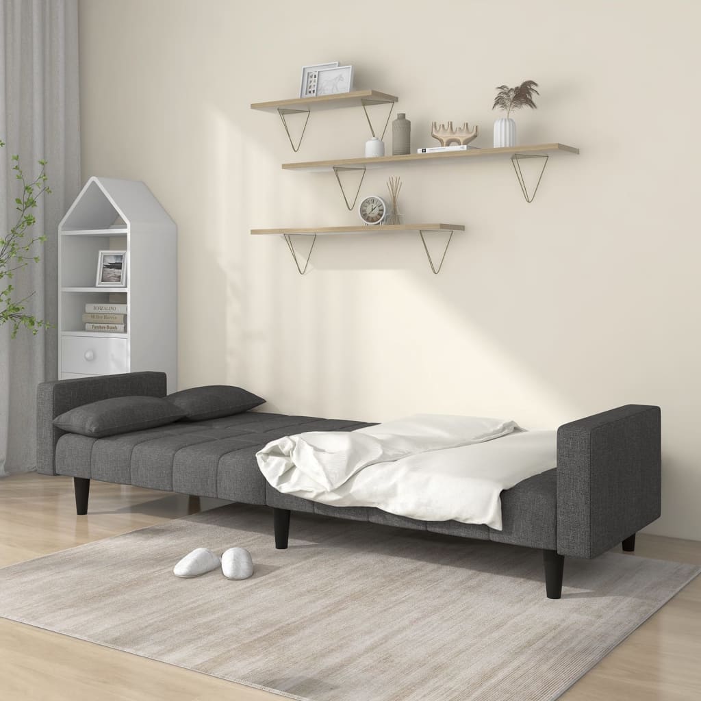 2-Seater Sofa Bed with Two Pillows Dark Grey Fabric