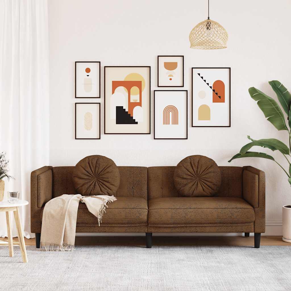 Sofa with Cushions 3-Seater Brown Faux Suede Leather