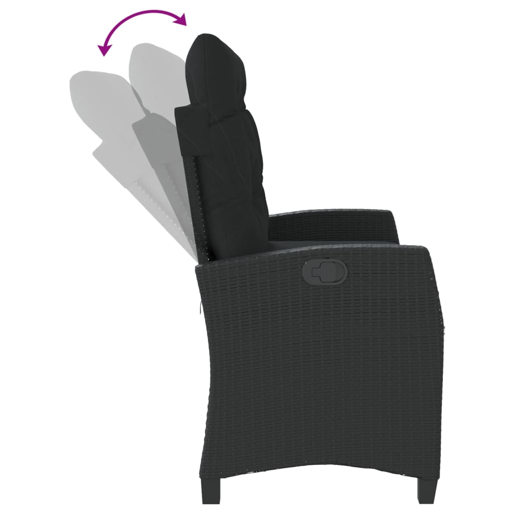 Reclining Garden Bench with Cushions Black Poly Rattan