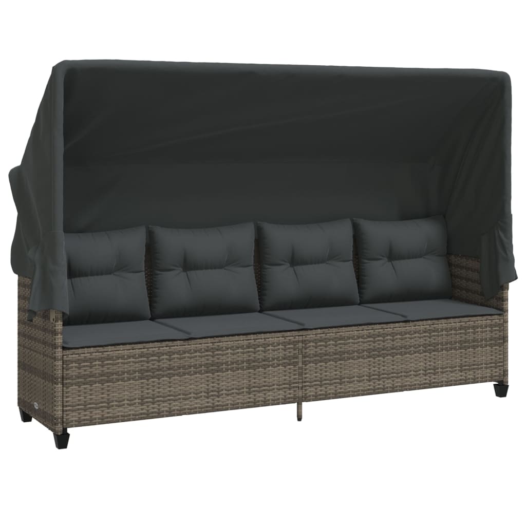 Sun Lounger with Canopy and Cushions Grey?Poly Rattan
