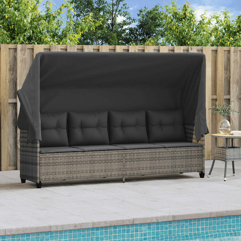 Sun Lounger with Canopy and Cushions Grey?Poly Rattan