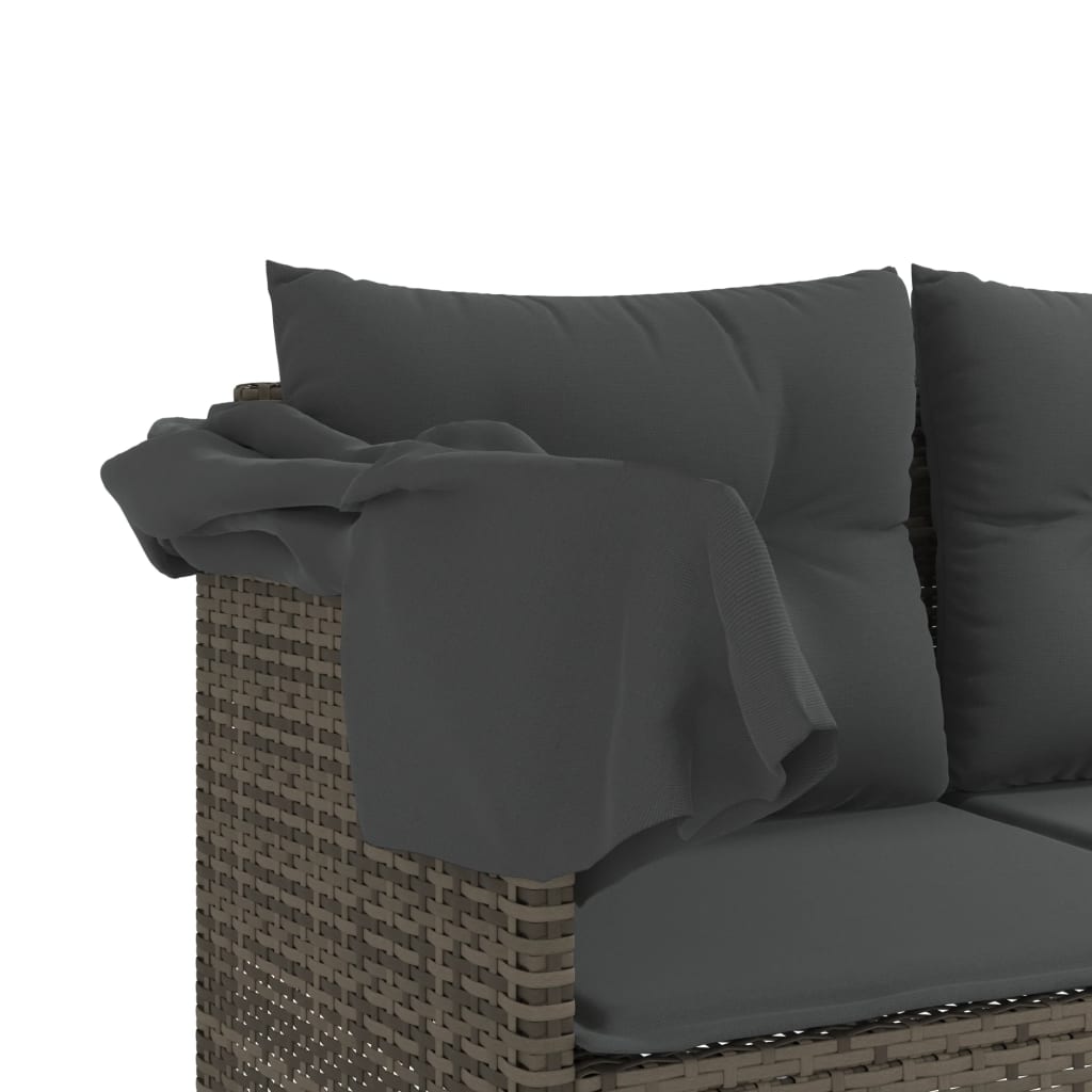 Sun Lounger with Canopy and Cushions Grey?Poly Rattan