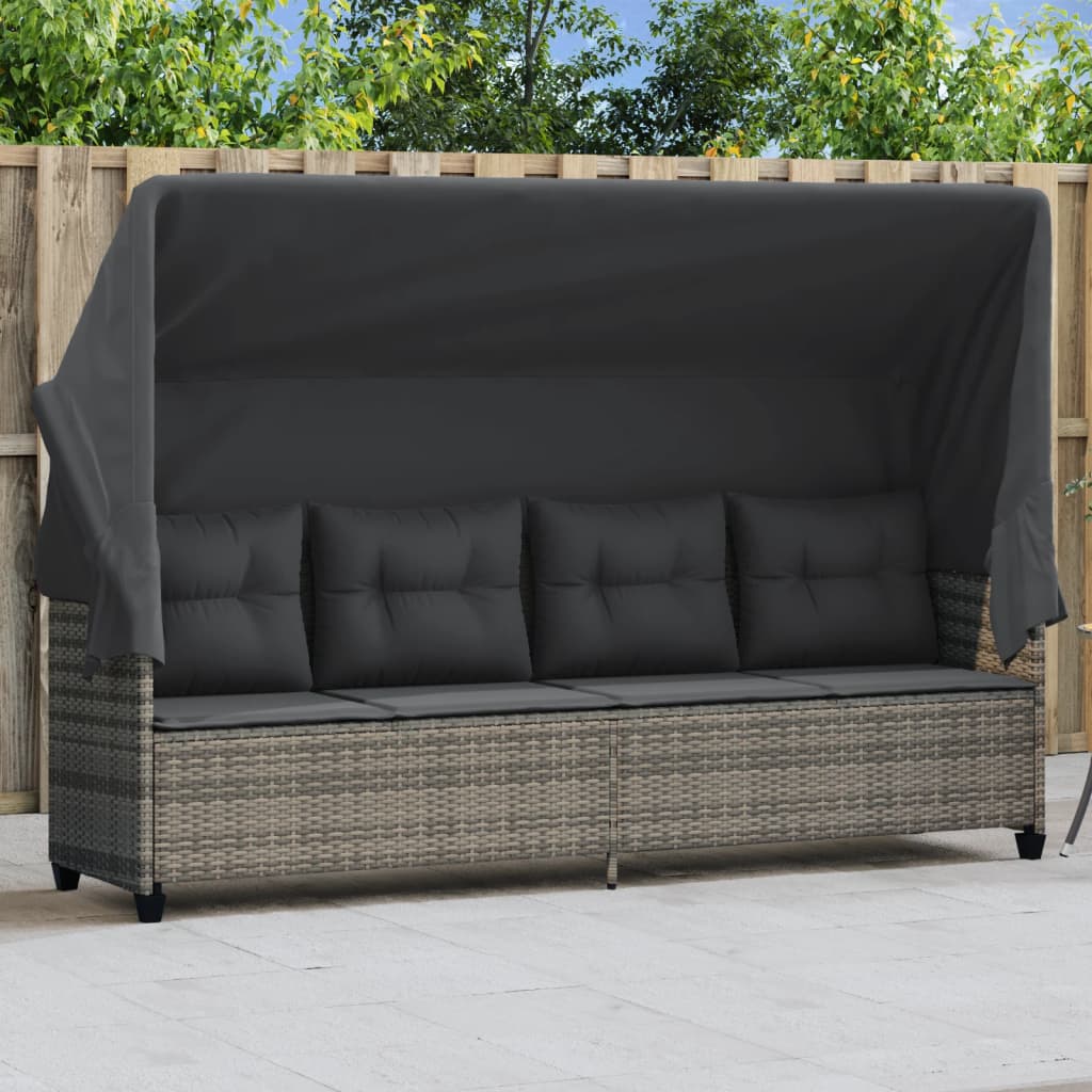 Sun Lounger with Canopy and Cushions Grey?Poly Rattan