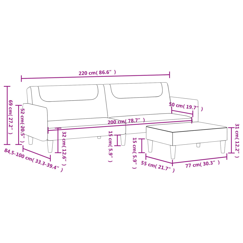 2-Seater Sofa Bed with Footstool Dark Grey Fabric