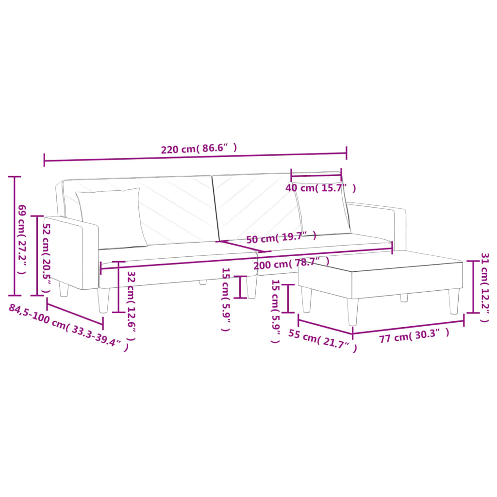 2-Seater Sofa Bed with Pillows and Footstool Dark Grey Fabric