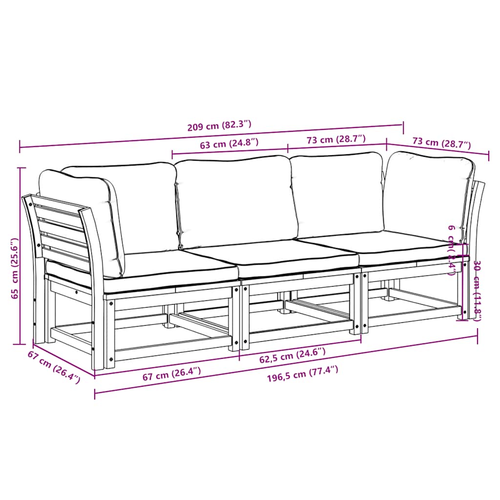 3 Piece Garden Lounge Set with Cushions Solid Wood Acacia