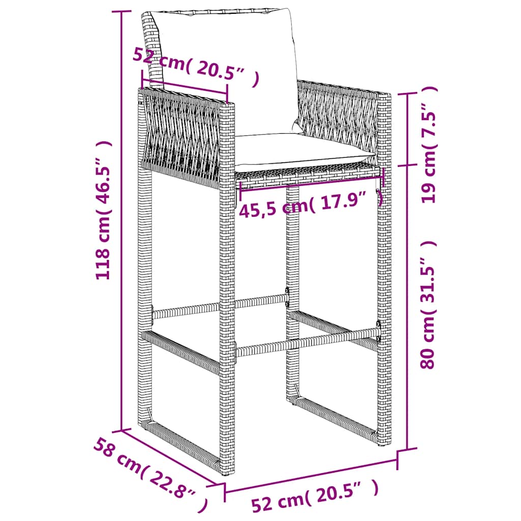 Garden Bar Stools with Cushions 2 pcs Grey Poly Rattan