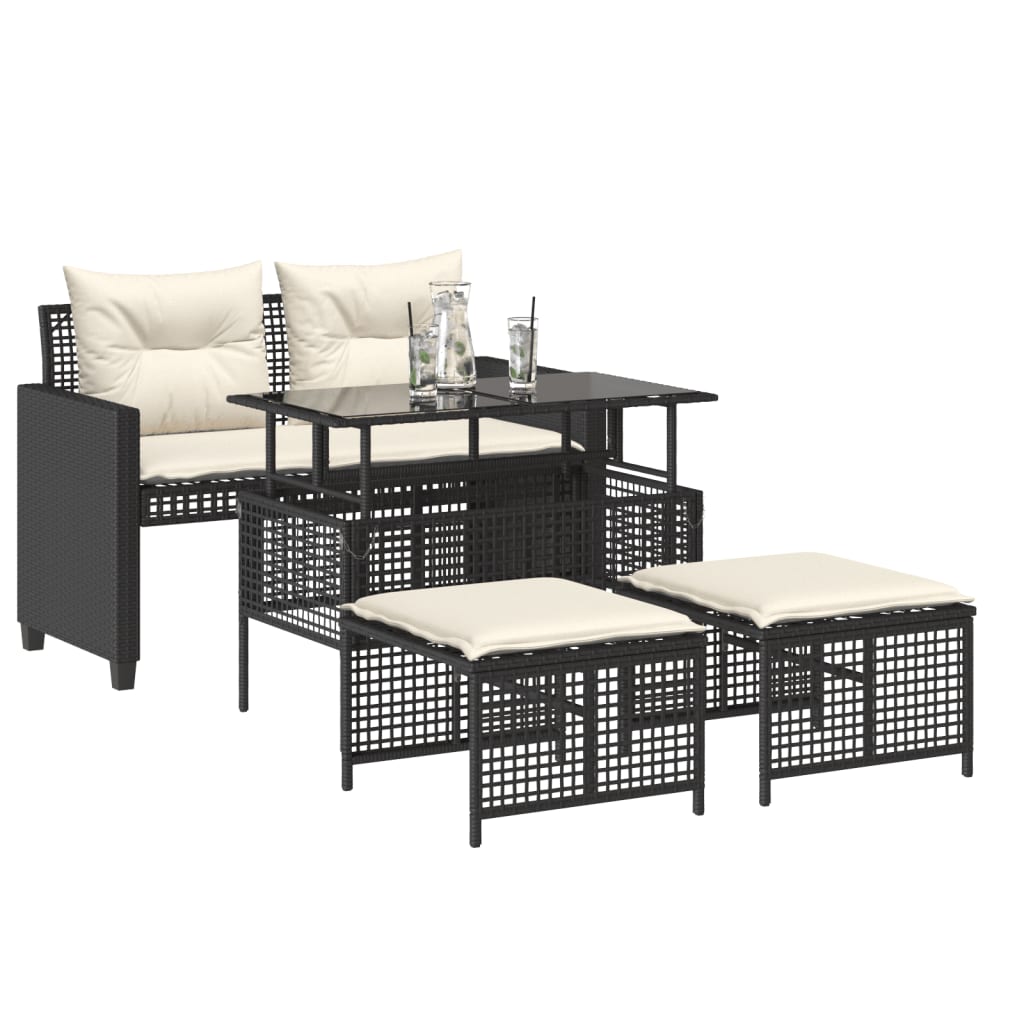 4 Piece Garden Sofa Set with Cushions Black Poly Rattan Glass