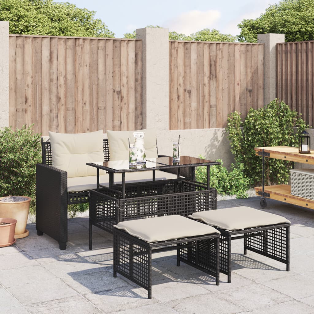 4 Piece Garden Sofa Set with Cushions Black Poly Rattan Glass