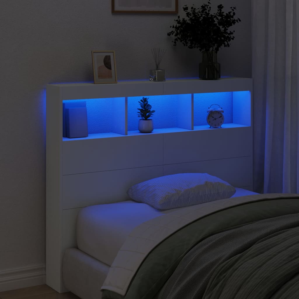 Headboard Cabinet with LED White 120 cm