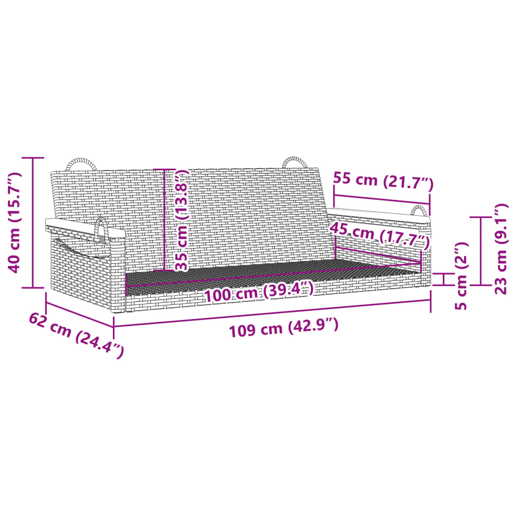 Swing Bench Grey 109x62x40 cm Poly Rattan
