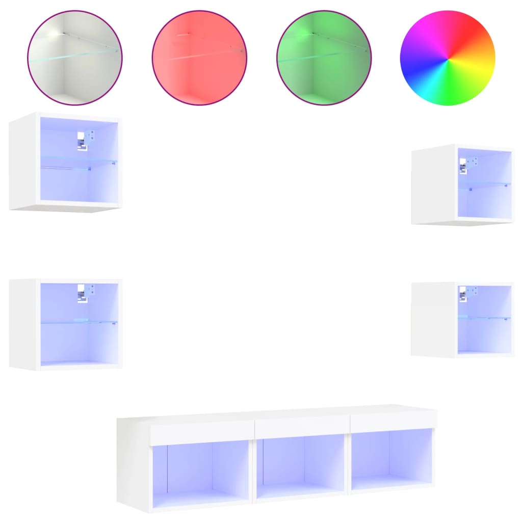 7 Piece TV Wall Units with LED White Engineered Wood