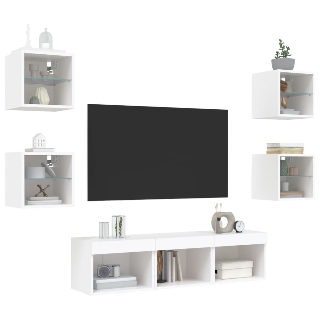 7 Piece TV Wall Units with LED White Engineered Wood
