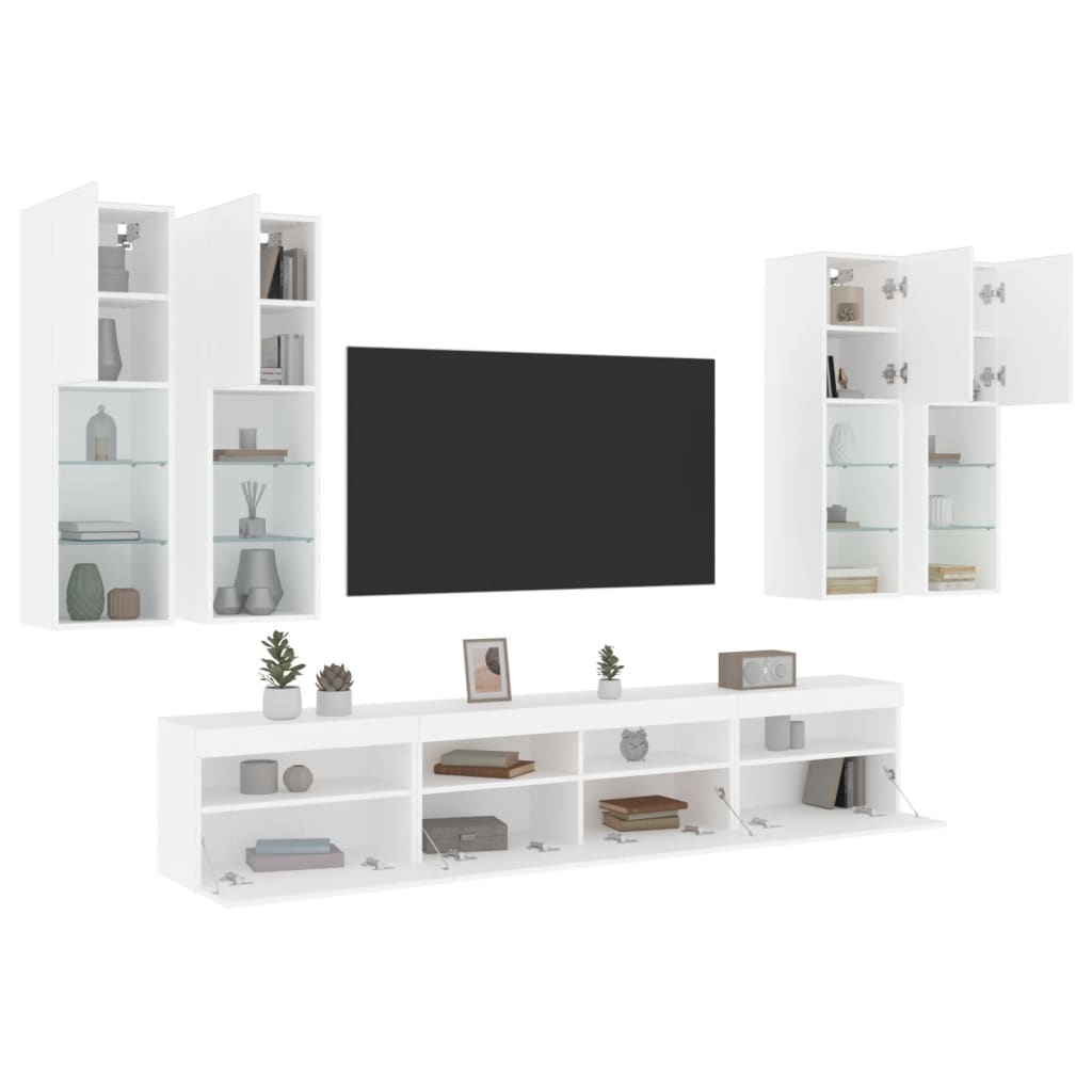 7 Piece TV Wall Cabinet Set with LED Lights White