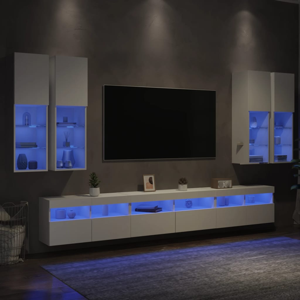 7 Piece TV Wall Cabinet Set with LED Lights White