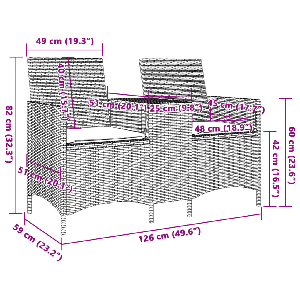 Garden Sofa 2-Seater with Table and Cushions Black Poly Rattan