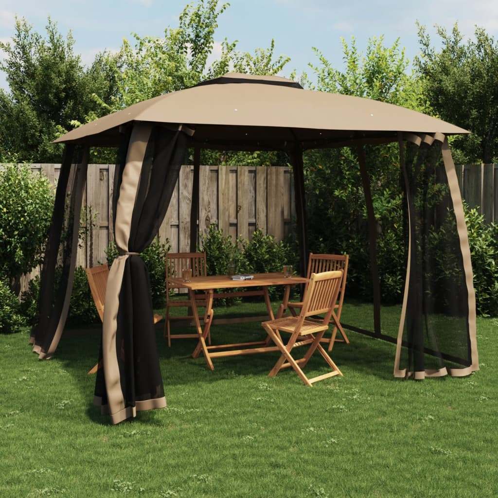 Gazebo with Double Roof&Mesh Walls Taupe 2.93x2.93 m Steel