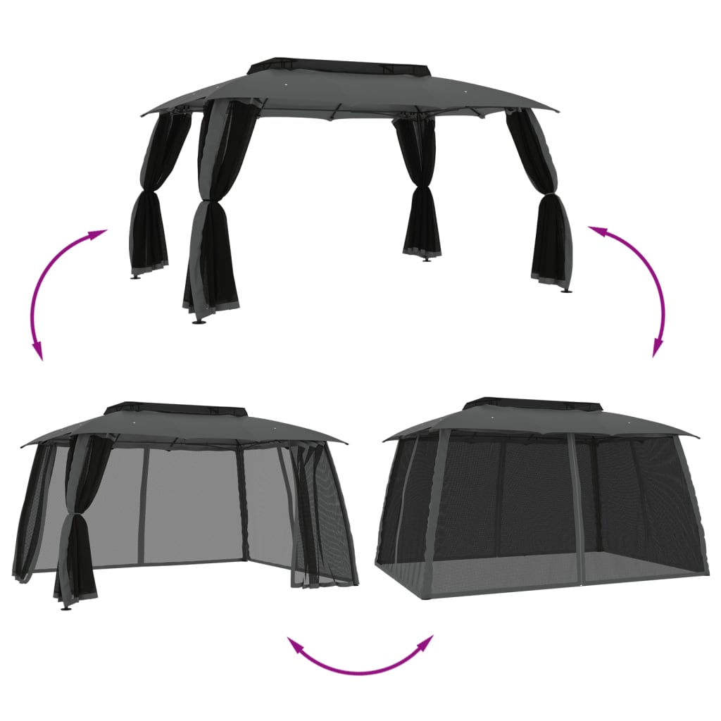 Gazebo with Double Roof&Mesh Walls Anthracite 3.93x2.93 m Steel