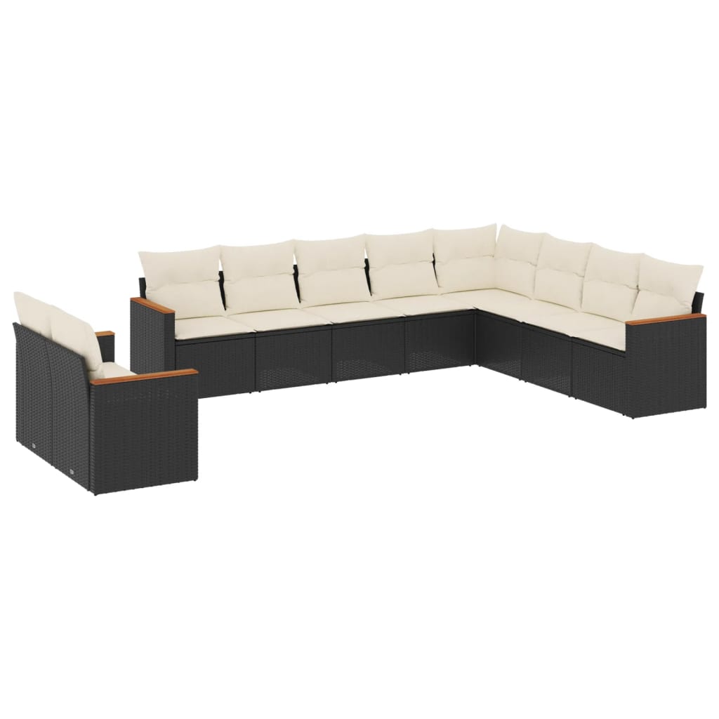 10 Piece Garden Sofa Set with Cushions Black Poly Rattan