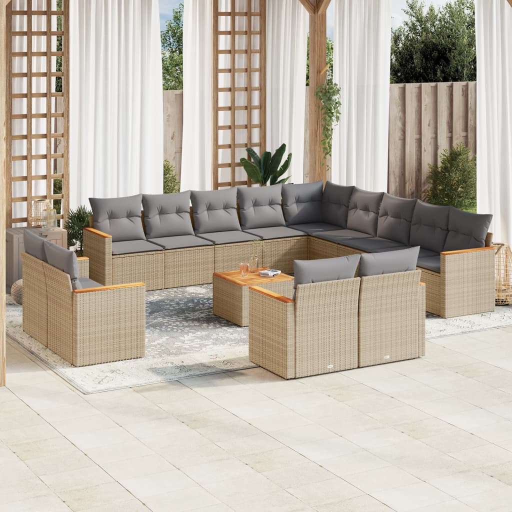 14 Piece Garden Sofa Set with Cushions Mix Beige Poly Rattan