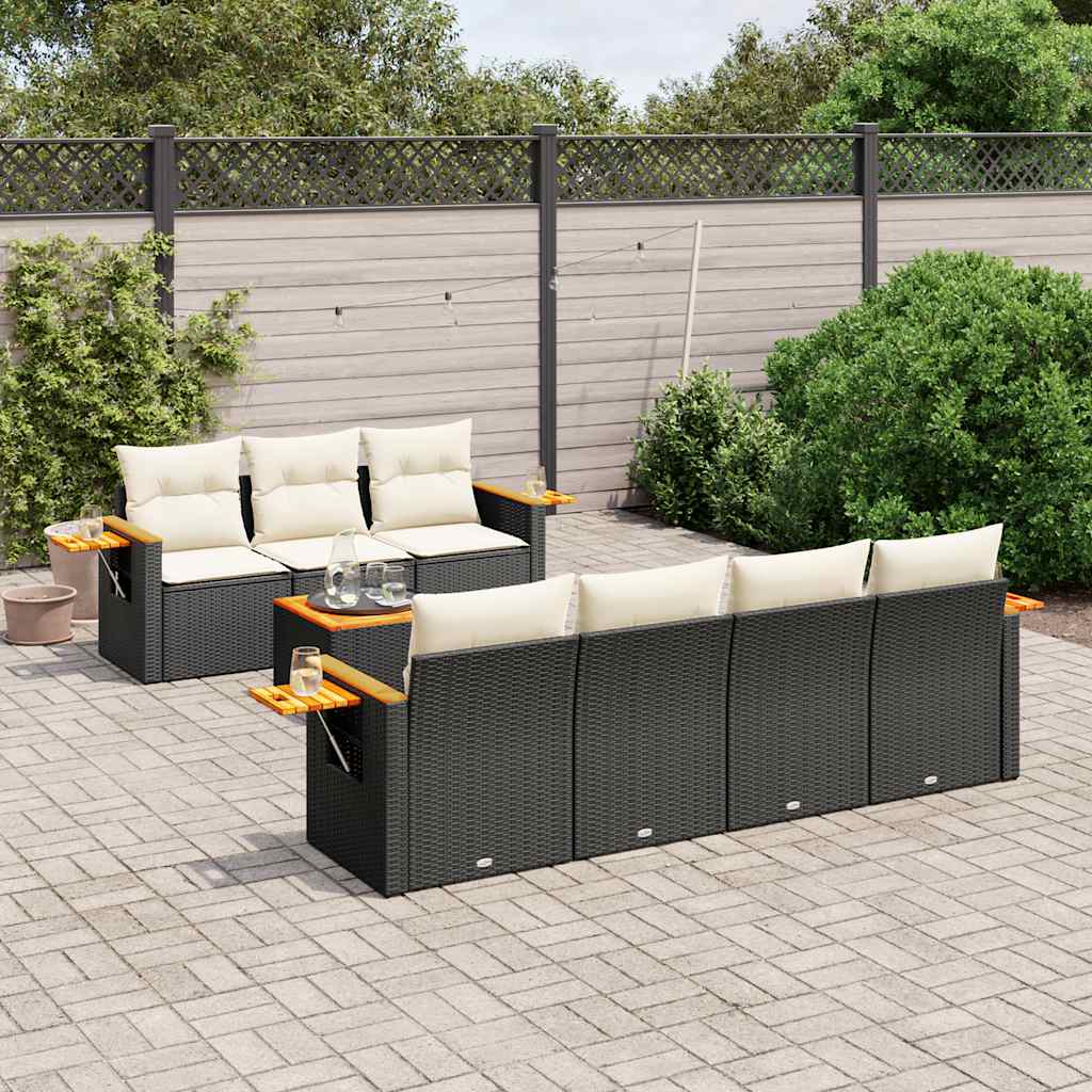 8 Piece Garden Sofa Set with Cushions Black Poly Rattan