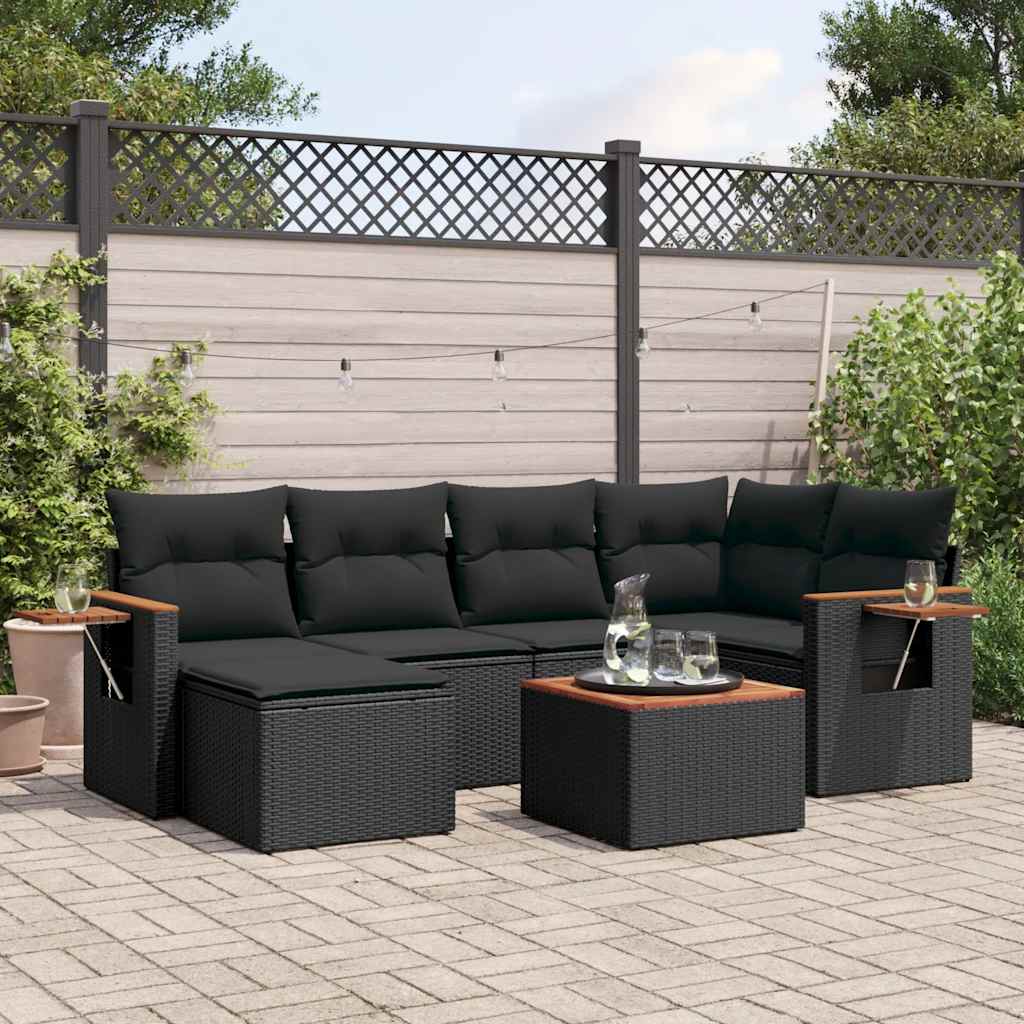 7 Piece Garden Sofa Set with Cushions Black Poly Rattan
