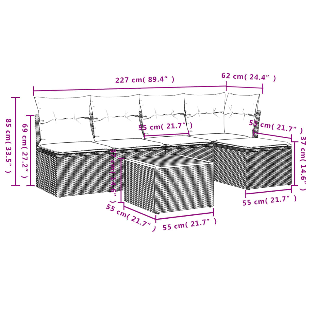 6 Piece Garden Sofa Set with Cushions Grey Poly Rattan