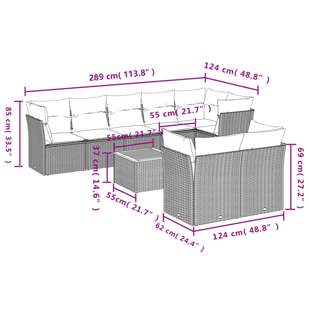 9 Piece Garden Sofa Set with Cushions Beige Poly Rattan