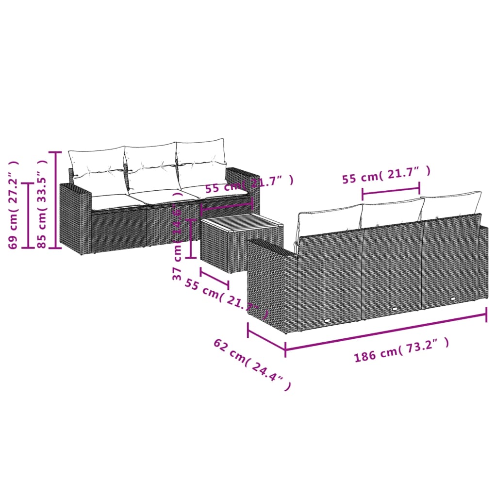 7 Piece Garden Sofa Set with Cushions Grey Poly Rattan