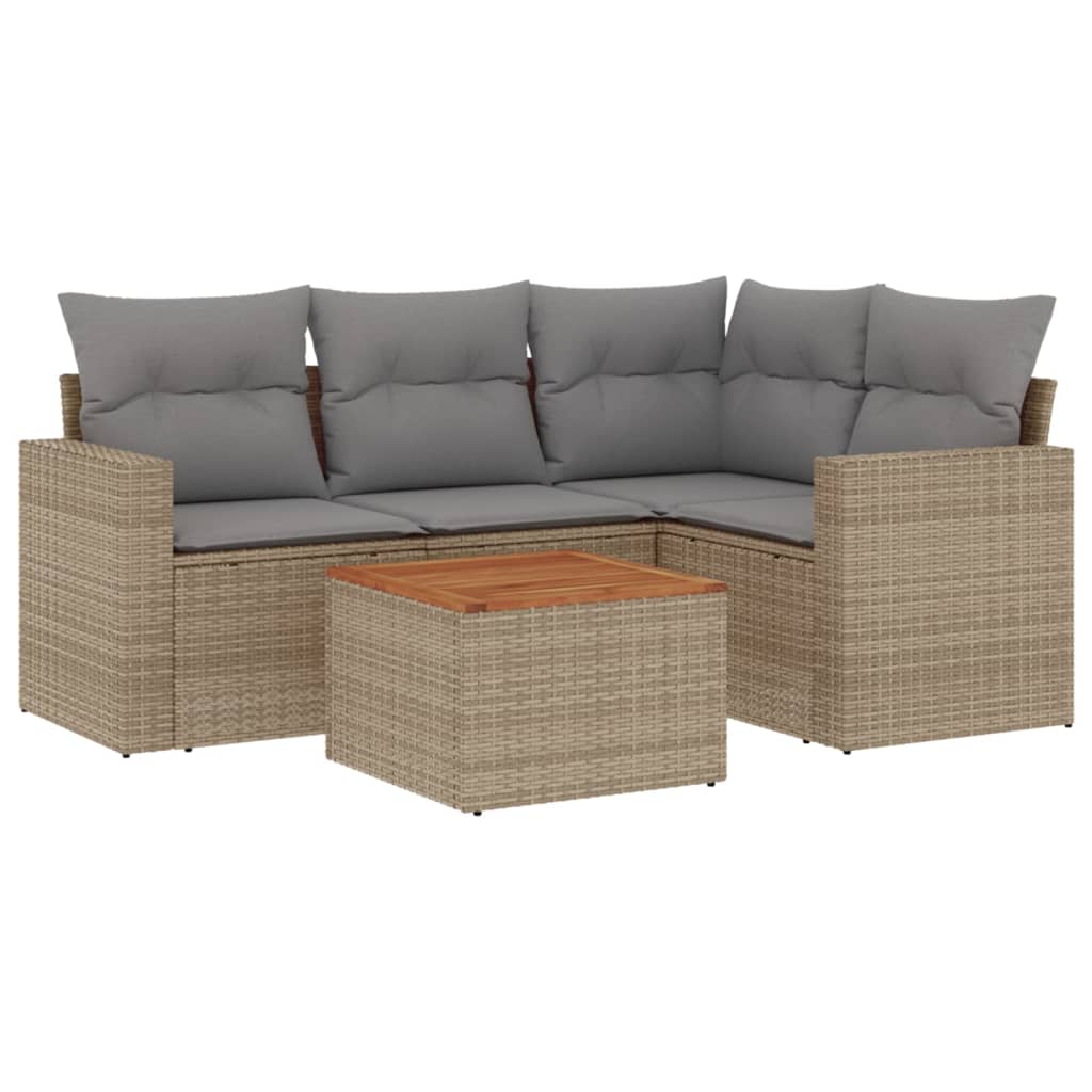 5 Piece Garden Sofa Set with Cushions Beige Poly Rattan