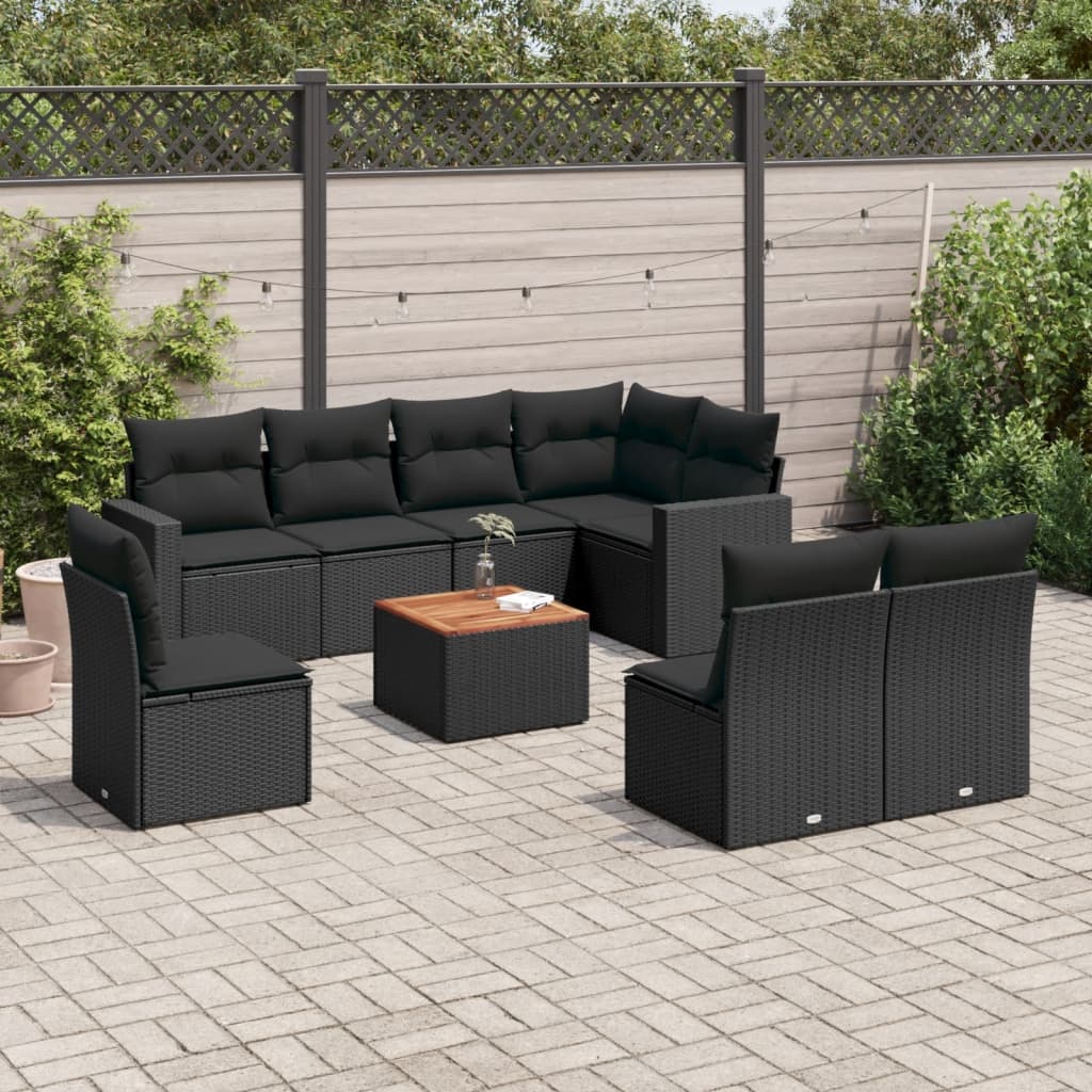 9 Piece Garden Sofa Set with Cushions Black Poly Rattan