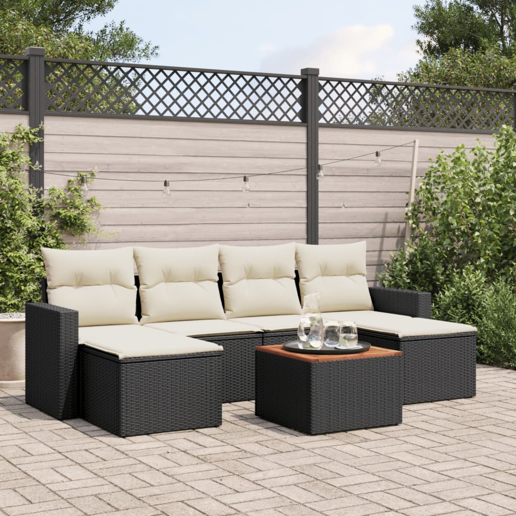 7 Piece Garden Sofa Set with Cushions Black Poly Rattan