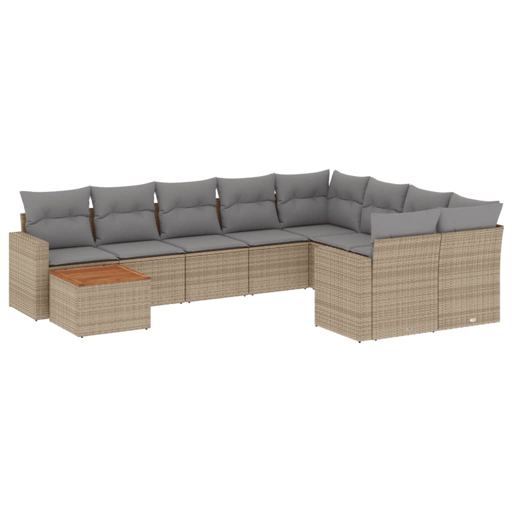10 Piece Garden Sofa Set with Cushions Beige Poly Rattan