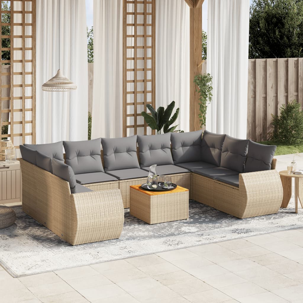 10 Piece Garden Sofa Set with Cushions Beige Poly Rattan