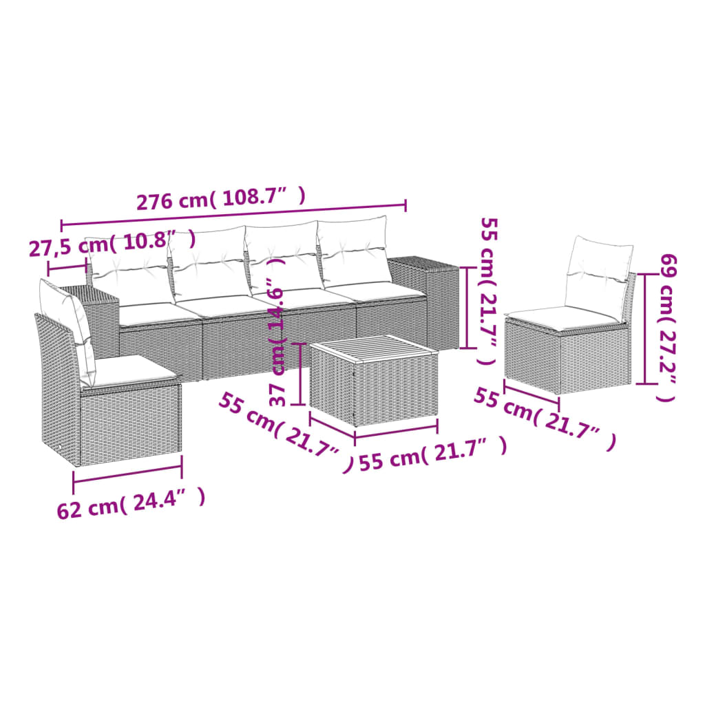 7 Piece Garden Sofa Set with Cushions Grey Poly Rattan