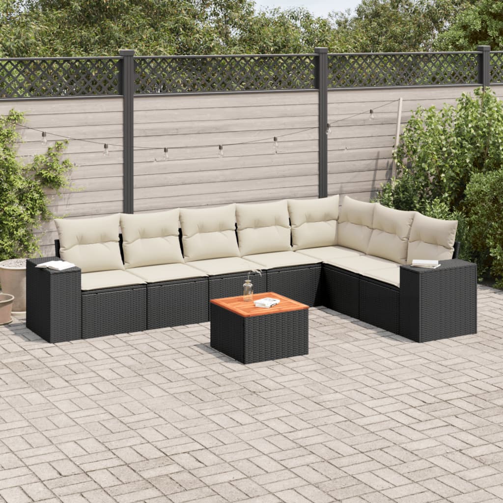 8 Piece Garden Sofa Set with Cushions Black Poly Rattan