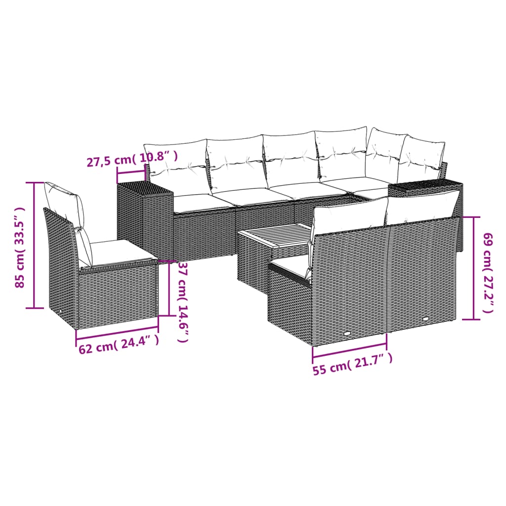 9 Piece Garden Sofa Set with Cushions Beige Poly Rattan