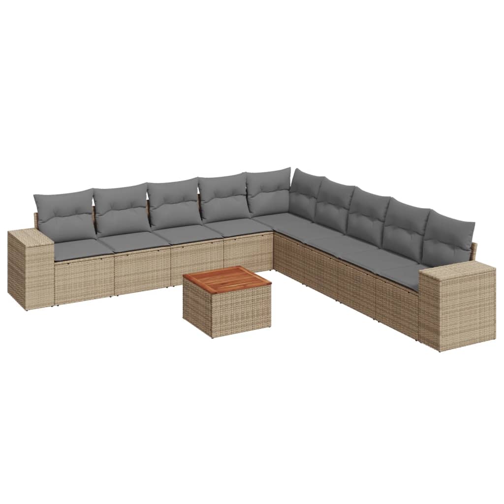 10 Piece Garden Sofa Set with Cushions Beige Poly Rattan