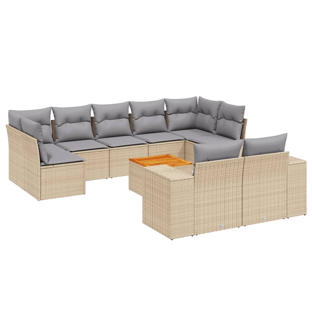 10 Piece Garden Sofa Set with Cushions Beige Poly Rattan