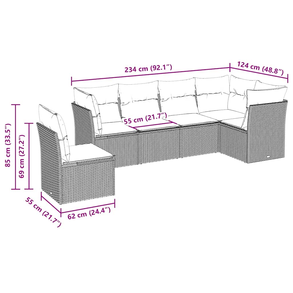 6 Piece Garden Sofa Set with Cushions Black Poly Rattan