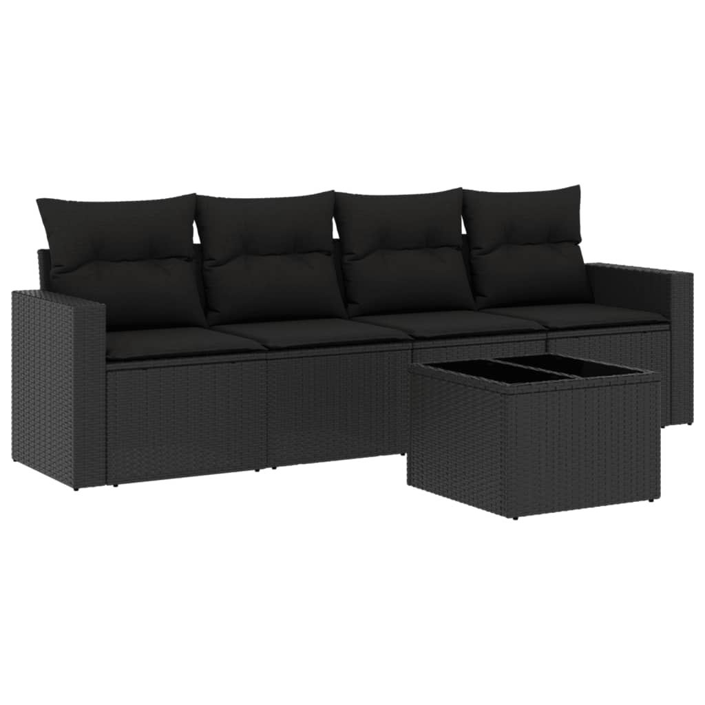 5 Piece Garden Sofa Set with Cushions Black Poly Rattan