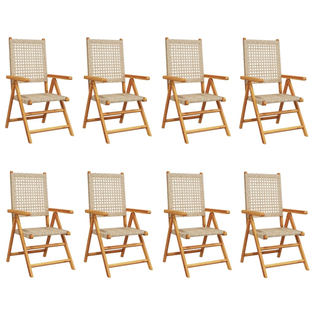 Reclining Folding Chairs 8 pcs Beige Poly Rattan and Solid Wood