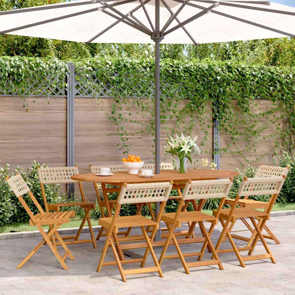 Folding Garden Chairs 8 pcs Beige Poly Rattan and Solid Wood