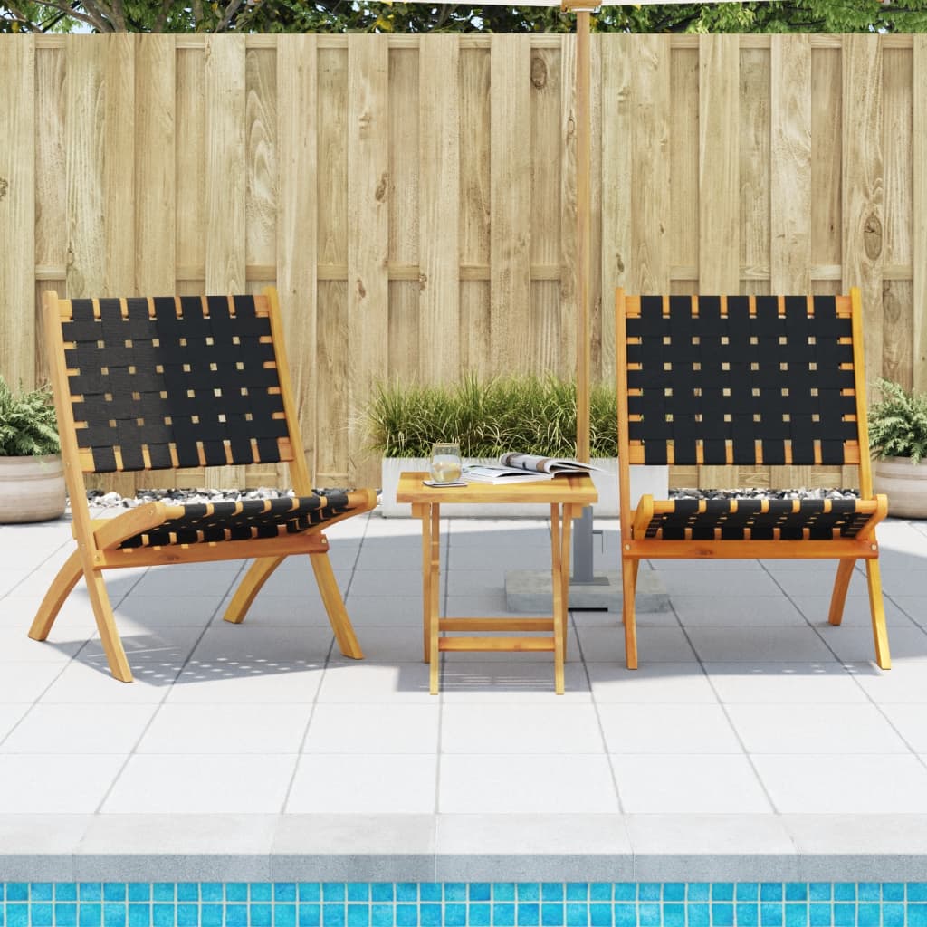 Folding Chairs 2 pcs with Table Black Solid Wood