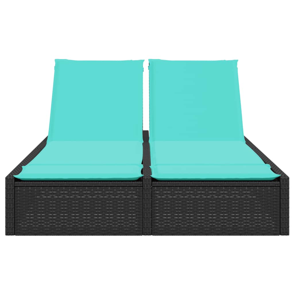 Double Sun Lounger with Cushions Black Poly Rattan