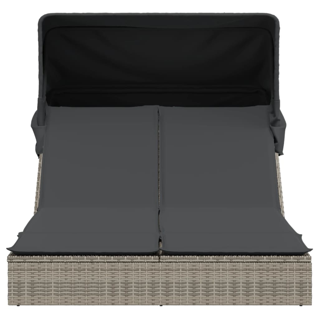 Double Sun Lounger with Canopy and Cushions Grey Poly Rattan