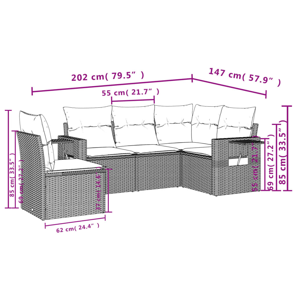 5 Piece Garden Sofa Set with Cushions Grey Poly Rattan