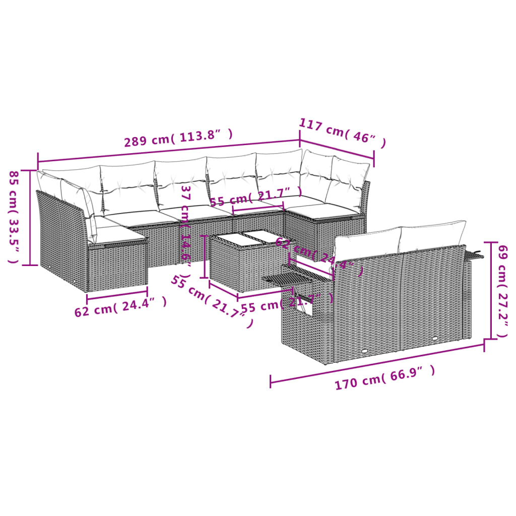 10 Piece Garden Sofa Set with Cushions Grey Poly Rattan